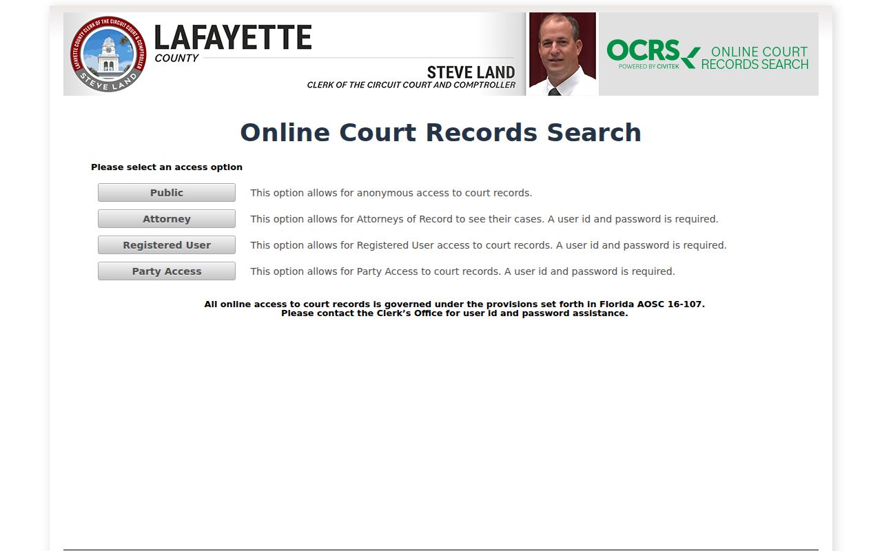 Lafayette County criminal record OCRS access roles