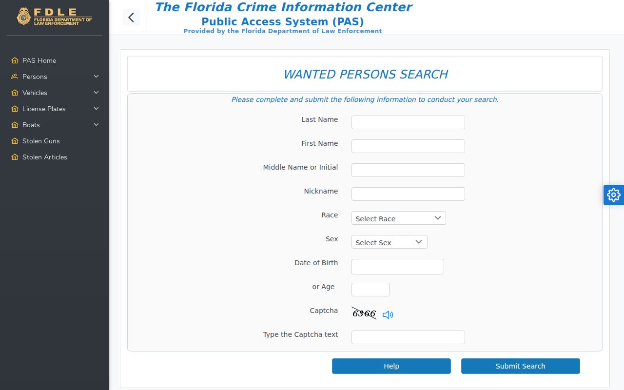 Florida FCIC wanted person search form