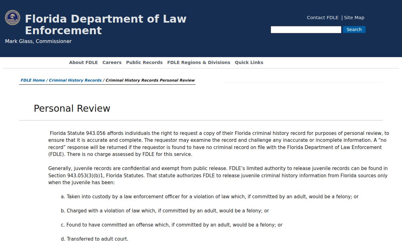FDLE free fingerprint personal criminal history review instructions