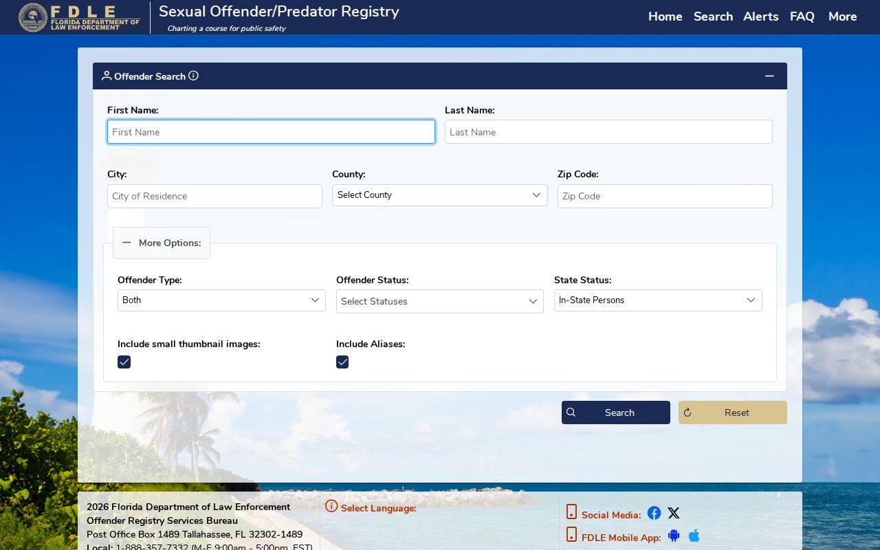 FDLE offender search form with name, county, and status fields