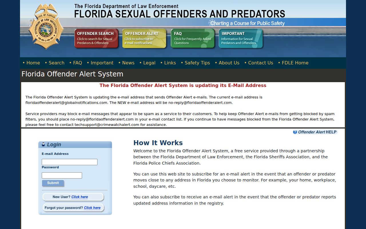 Florida Offender Alert official registration screen