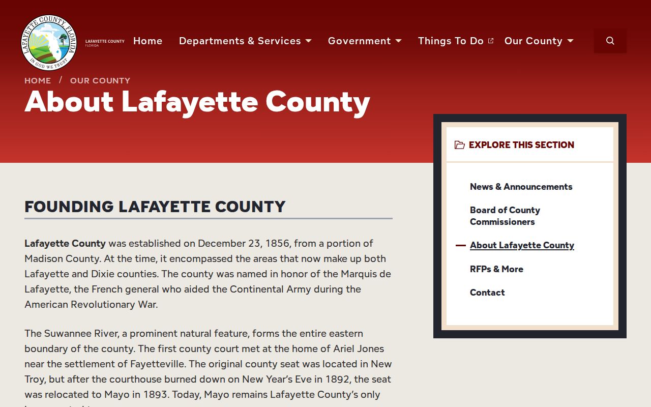 Official Lafayette County history describing Mayo as county seat
