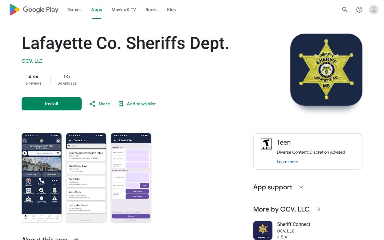 Lafayette County Sheriff's Office Android app listing used in Mayo